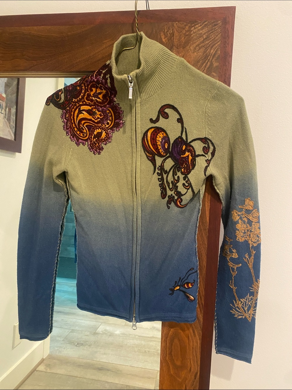 Ombre Zip-Front Bomber Jacket with Embroidered Motifs - Green to Blue